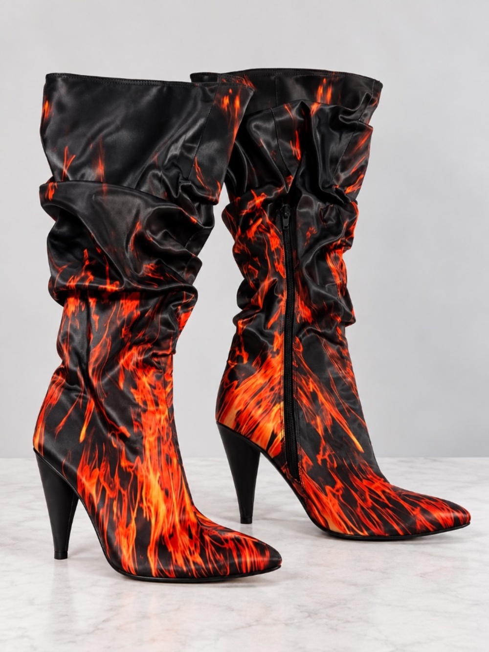 HOROSCOPEZ Blazing Glory Flame Print Slouch Boots Pointed Toe Heels Size 7M